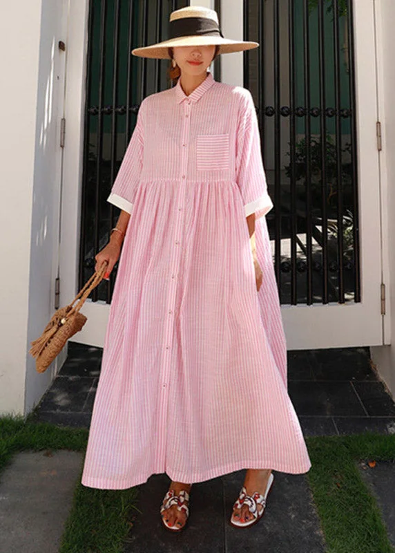 striped maxi dressesBohemian Pink Peter Pan Collar Striped Button Pockets Wrinkled Long Dresses Half Sleeve