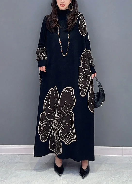 maxi dresses under $50Loose Black Turtleneck Print Patchwork Cotton Knit Long Dresses Fall