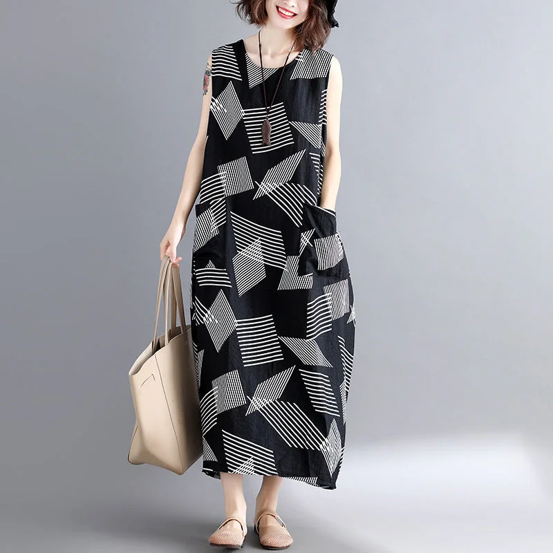 maxi dresses with long sleevesfashion Geometric cotton linen dress Loose fitting short sleeve baggy dresses long dresses Elegant o neck caftans