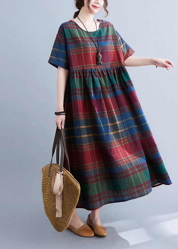 maxi dresses for tall womenBoutique Red Plaid O-Neck Wrinkled Cotton Long Dress Short Sleeve