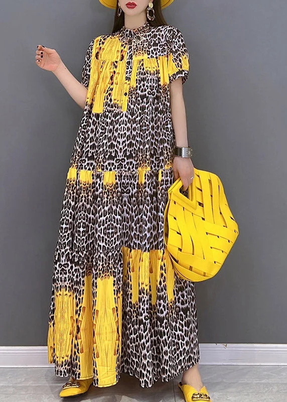 maxi dresses for cocktail parties2024 Yellow Print Patchwork Long Dress Short Sleeve