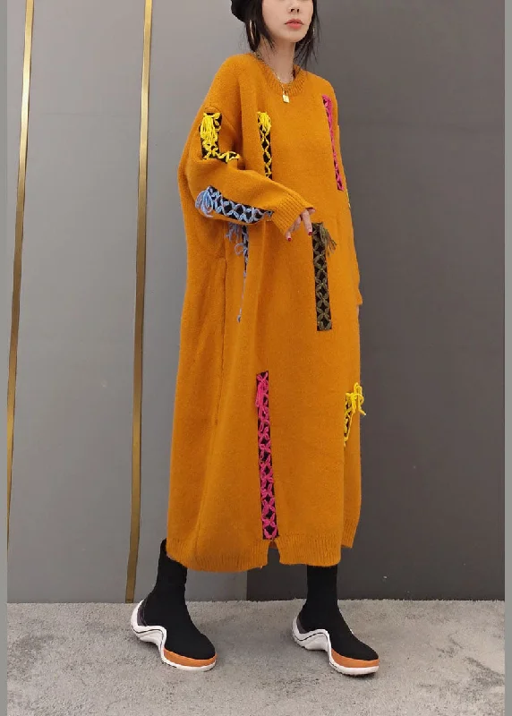 maxi dresses for tall womenWomen Yellow O-Neck Patchwork Knit long Dresses Long Sleeve