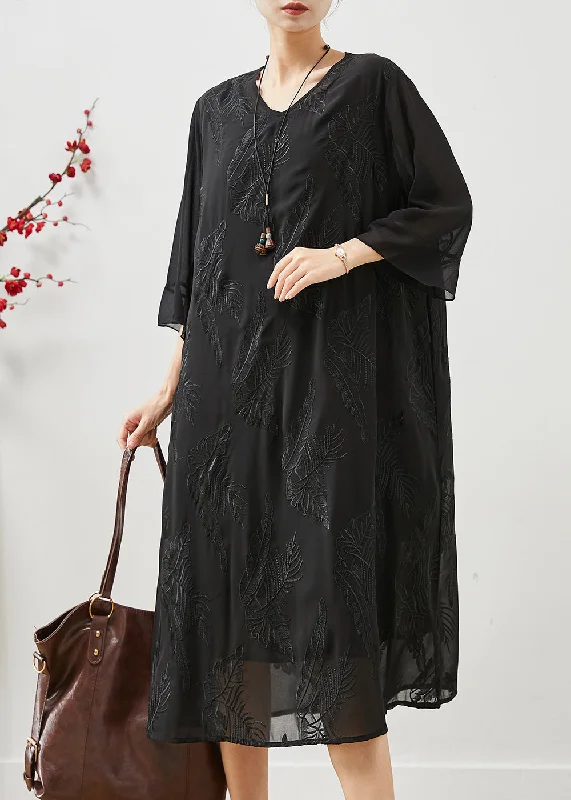 maxi dresses with thigh-high slitsFine Black Embroidered Chiffon Long Dresses Summer