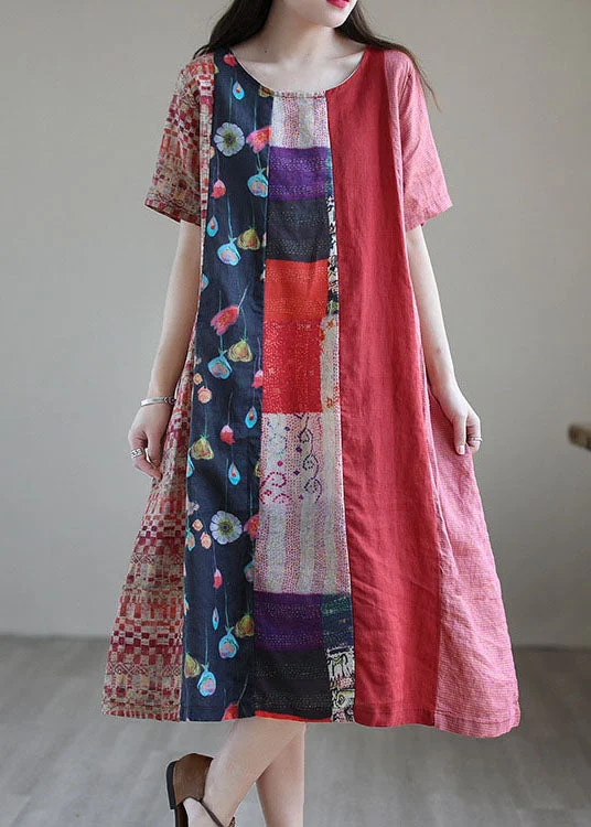 maxi dresses with short sleevesBohemian Red Loose Patchwork Linen Fall Short Sleeve Long Dresses