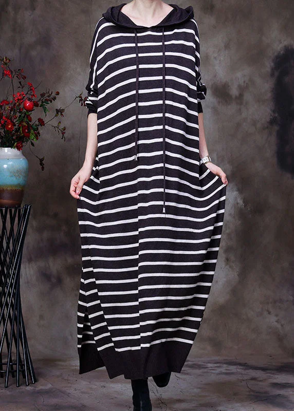 silk maxi dressesElegant Chocolate drawstring Hooded Striped Knit Long Dresses Spring