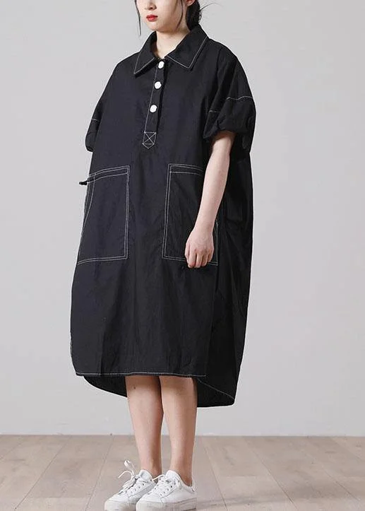 maxi dresses for cocktail partiesSimple Black Pockets Cotton long shirts Summer Dress