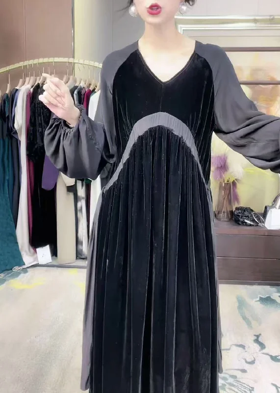 silk maxi dressesLoose Black V Neck Patchwork Silk Velvet Long Dress Winter