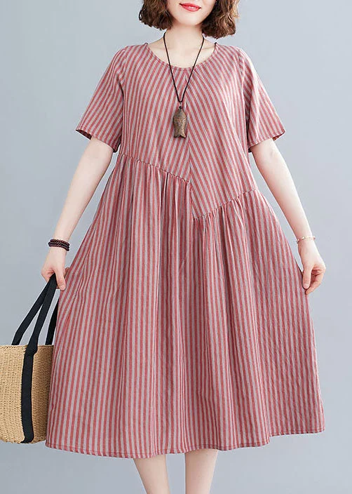 maxi dresses for girlsPlus Size Red O-Neck Wrinkled Striped Pockets Cotton Long Dress Short Sleeve