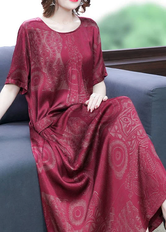 maxi dresses with high necklinesRed Print Silk Long Dress Oversized Pockets Wrinkled Summer