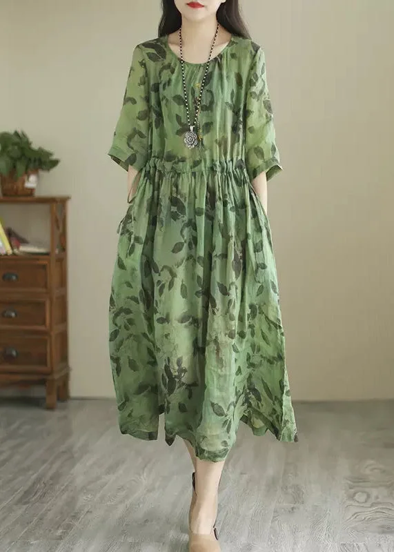 maxi dresses with sequined detailsVintage Green O-Neck Print Wrinkled Long Dress Summer