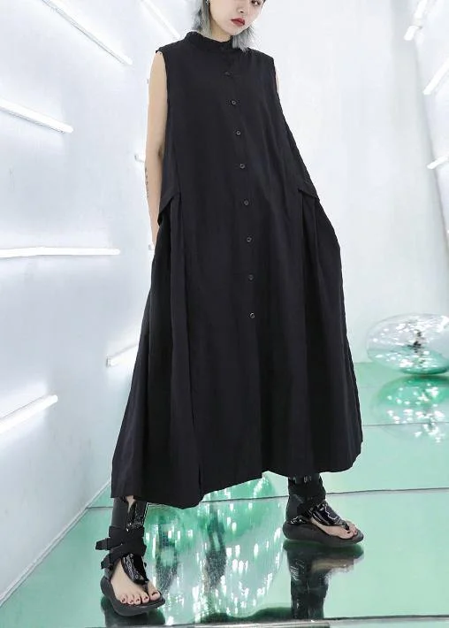 maxi dresses for destination weddingsWomen stand collar pockets cotton summer dresses Sewing black long Dresses