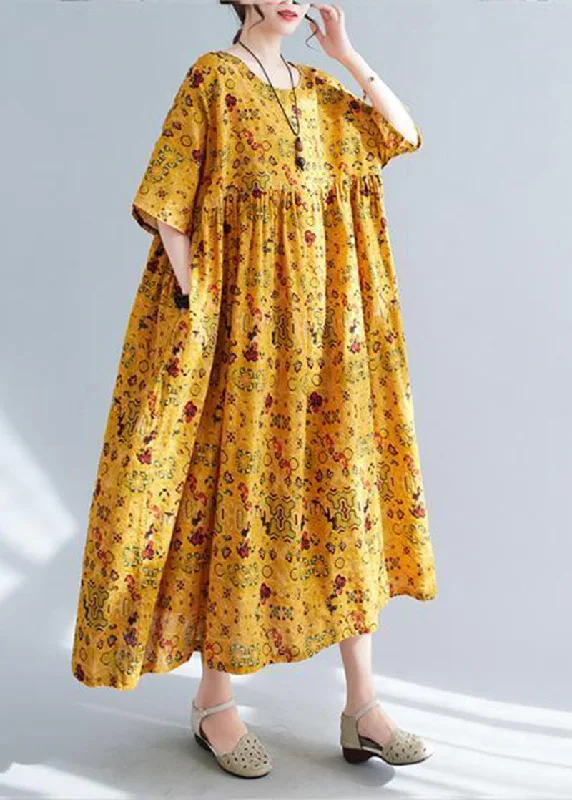 maxi dresses with back pocketsWomen Yellow Oversized Print Linen Long Dress Summer