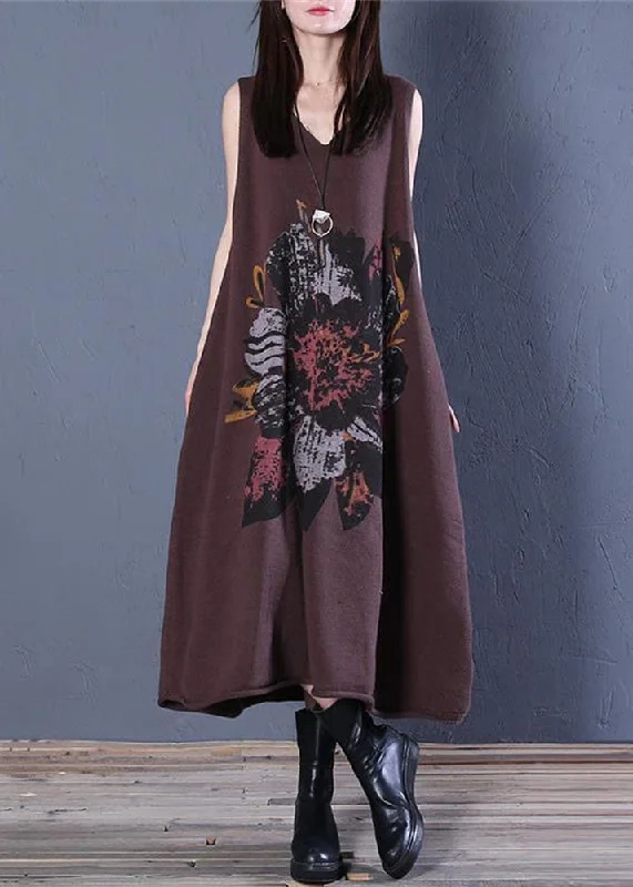 solid color maxi dressesPlus Size Coffee V Neck Print Cotton Knit Long Dress Sleeveless