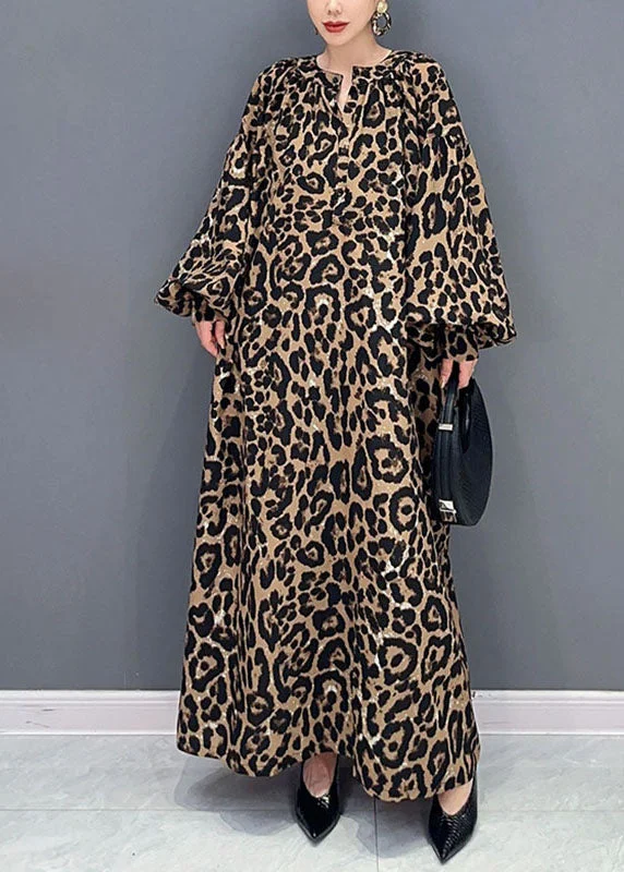 maxi dresses with adjustable strapsElegant Leopard Print O-Neck Long Dress Long Sleeve