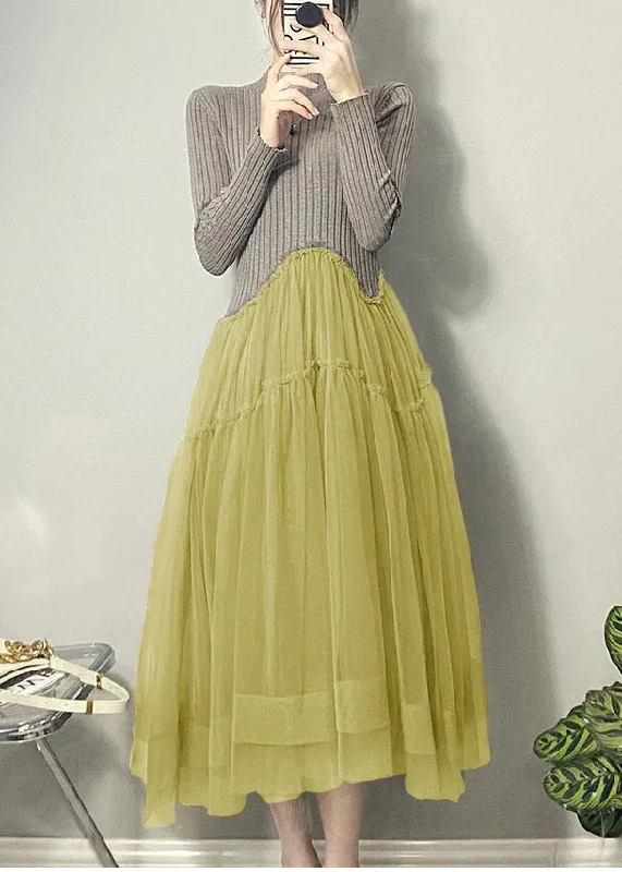 maxi dresses for beachBeautiful Yellow Asymmetrical Tulle Patchwork Long Dresses Fall