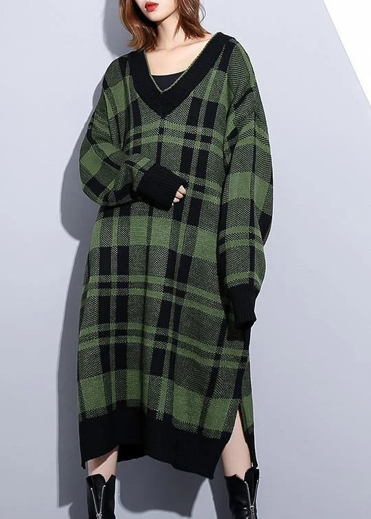 cotton maxi dressesWomen green plaid Cotton Long Shirts side open daily v neck Dress