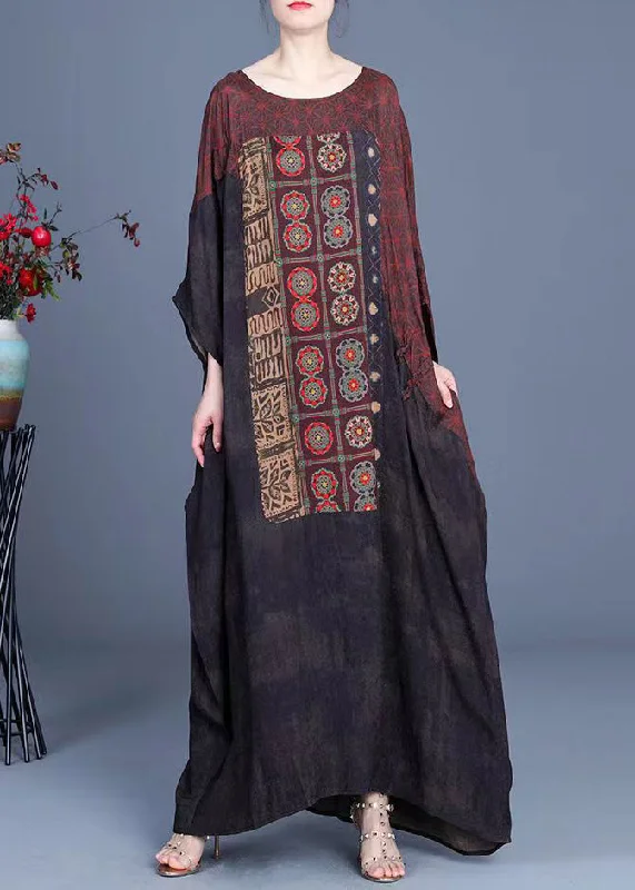 maxi dresses for mother of the groomLoose O-Neck Patchwork Asymmetrical Design Print Silk Long Dresses Batwing Sleeve