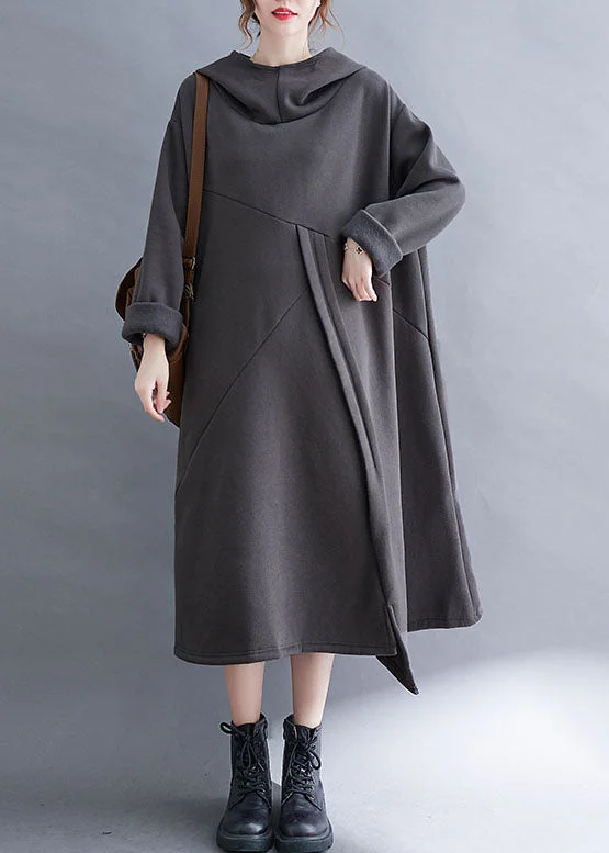 maxi dresses with keyhole backsGrey asymmetrical design Warm Fleece Long Dresses Hooded Winter