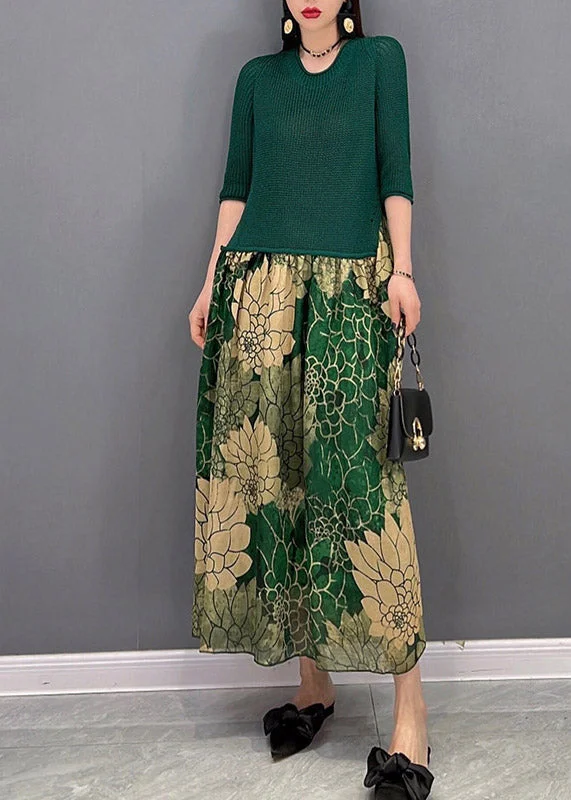 maxi dresses with zippersFashion Green O-Neck Chiffon Patchwork Print Knit Long Dress Half Sleeve