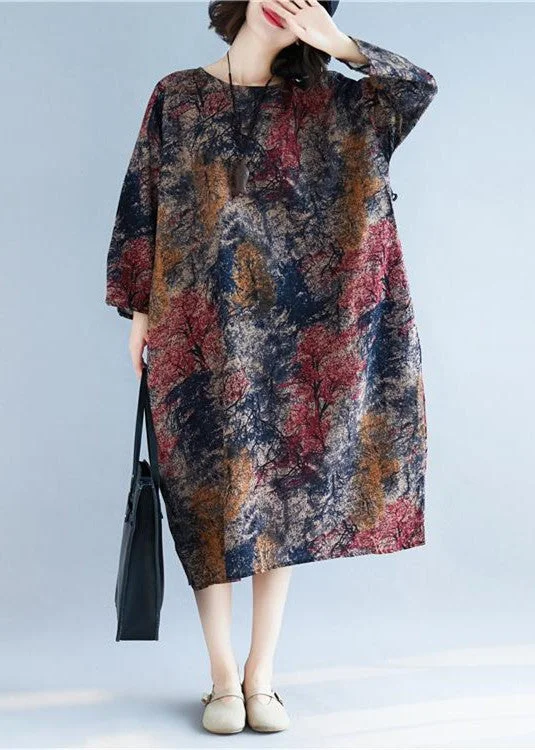 maxi dresses for autumnLoose floral cotton linen Long dress plus size design pockets long Dresses