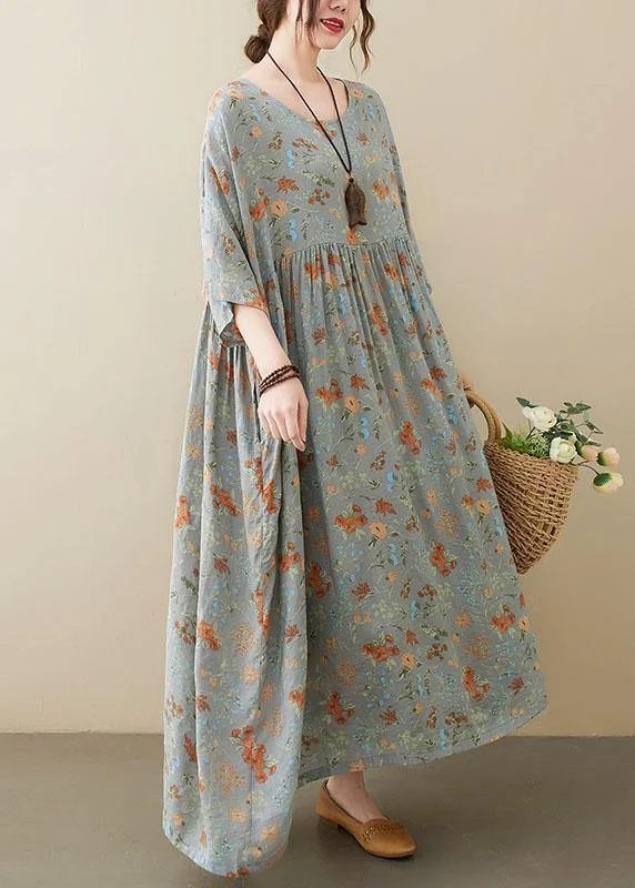 maxi dresses for mother of the brideElegant Grey O-Neck Patchwork Print Half Sleeve Summer Long Dress