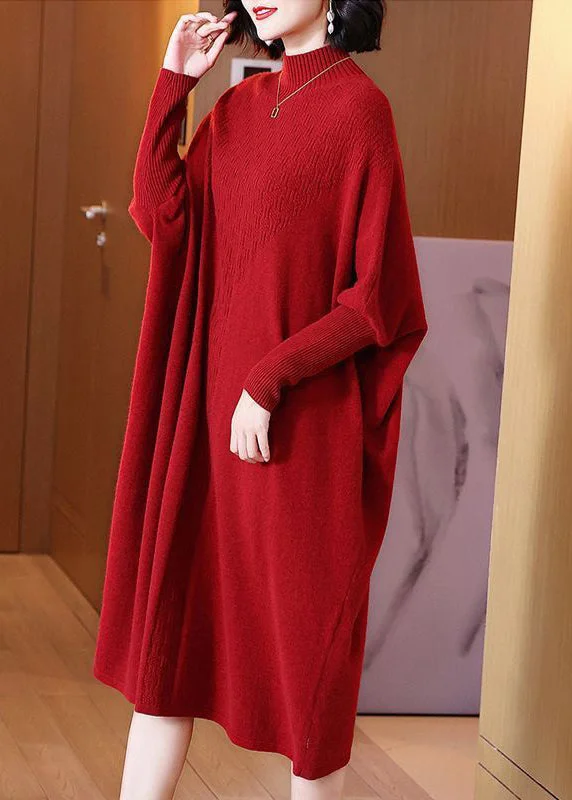 maxi dresses with low necklinesBeautiful Red Turtleneck Cozy Cotton Knit Long Dresses Long Sleeve