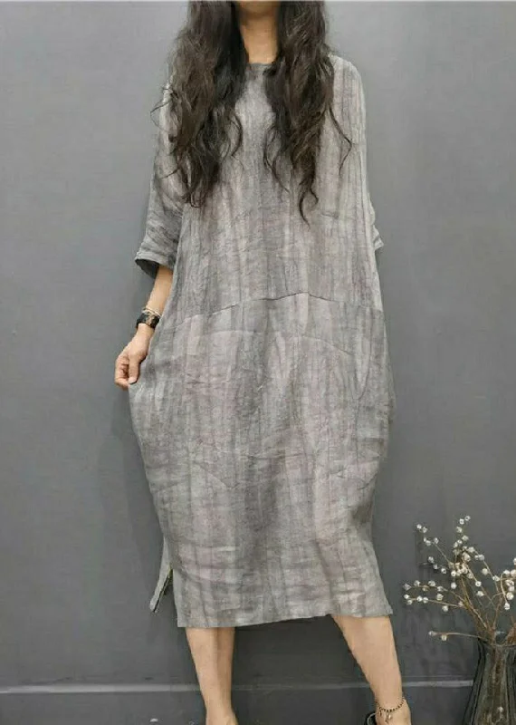 maxi dresses with rufflesBeautiful Grey O-Neck Wrinkled Side Open Linen Long Dress Batwing Sleeve