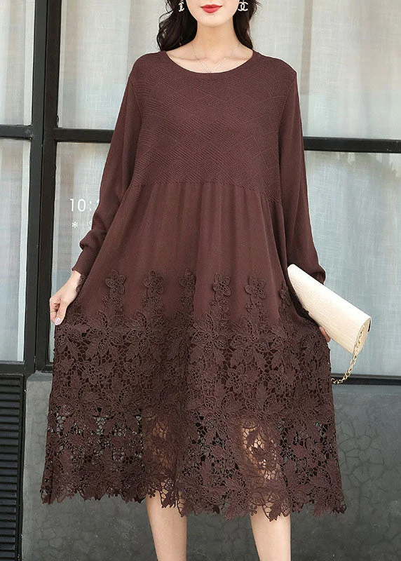 maxi dresses for casual FridaysFashion Chocolate Embroideried Patchwork Knit Long Dresses Spring