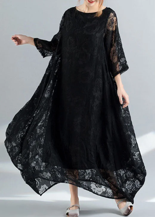 maxi dresses for semi-formal eventsBohemian Black O-Neck Embroideried Lace Long Dress Bracelet Sleeve