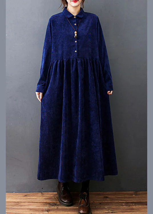 maxi dresses with front pocketsStyle Navy Peter Pan Collar Button Corduroy Long Dress Spring