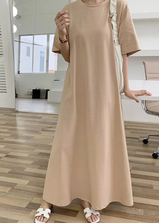 maxi dresses with spaghetti strapsApricot O-Neck Cozy Cotton Long Dresses Short Sleeve