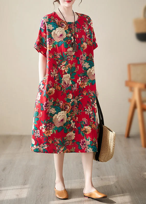 maxi dresses with sleevesHandmade Red O-Neck Print Cotton Long Dress Short Sleeve