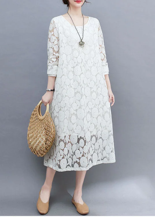 maxi dresses for womenDIY White O-Neck Lace Long Dresses Long Sleeve