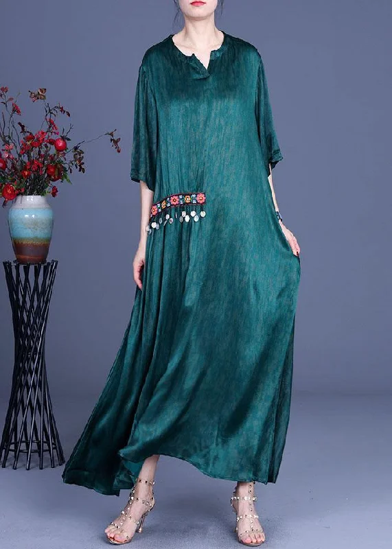 maxi dresses with off-the-shoulder necksPlus Size Green Embroidery Summer Silk Long Dress