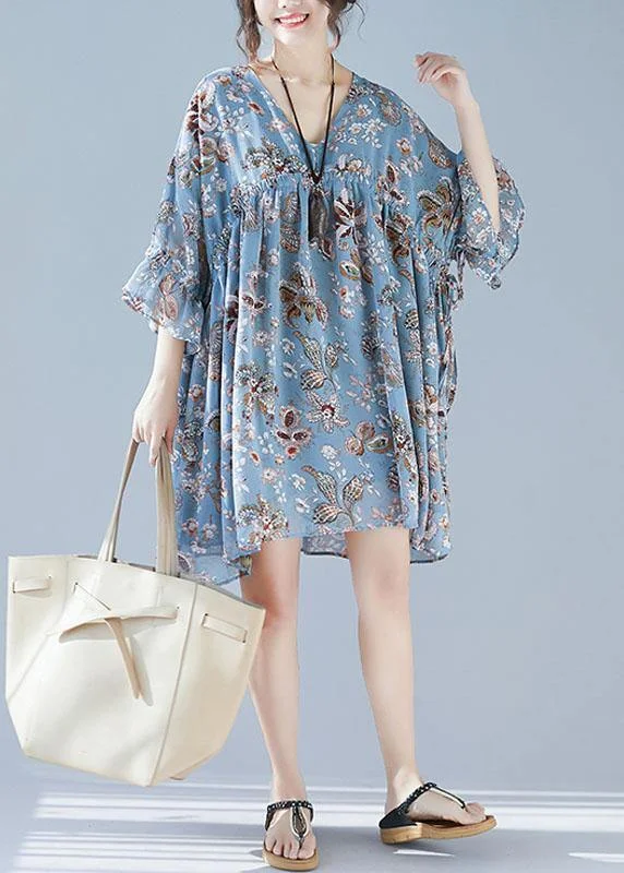 maxi dresses for cool weatherPlus Size Blue V Neck Loose Print Summer Chiffon Long Dresses Half Sleeve